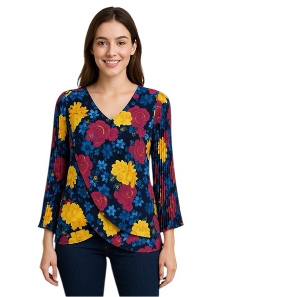 Laurie Felt Tops - Laurie Felt Multicolor Floral Retro Bohemian Pleated Bell Sleeve Blouse Size XXS